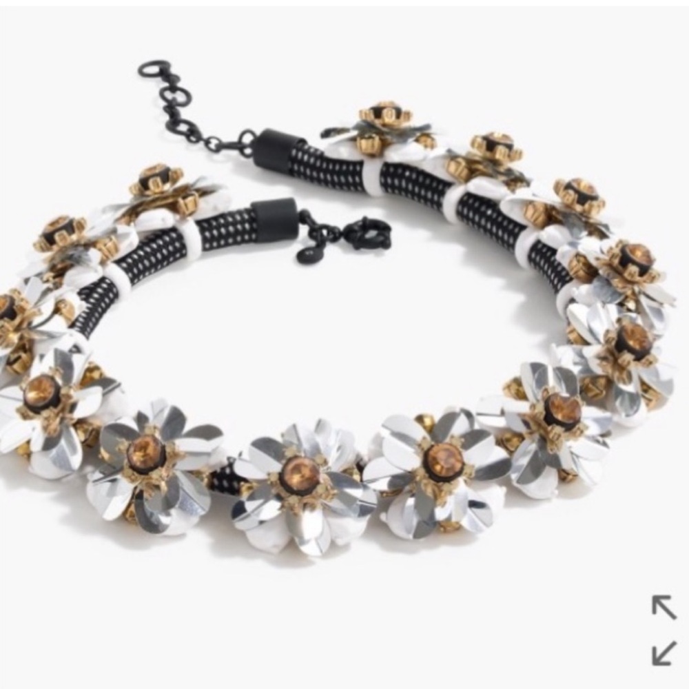 {J.Crew} Embellished Corded Statement Necklace Black White Silver Multi